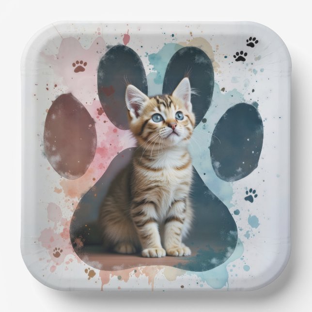 Tabby Kitten In a Watercolor Paw Print Paper Plate (Front)