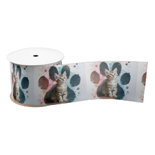 Tabby Kitten In a Watercolor Paw Print Satin Ribbon