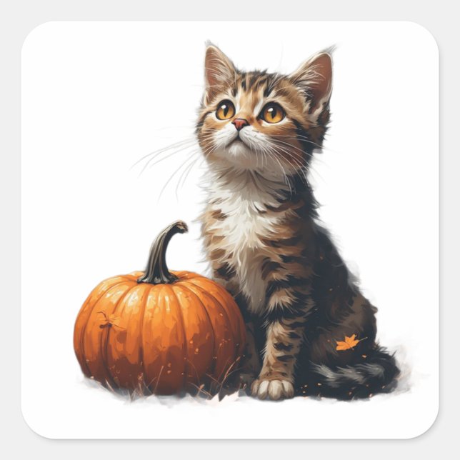 Tabby Kitten In Pumpkin Patch Halloween Scene 🎃 Square Sticker (Front)
