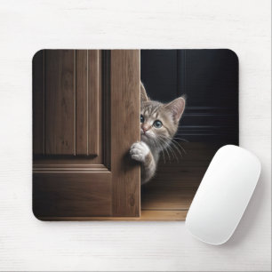 Tabby Kitten Peeking Around a Wooden Door Mouse Pad
