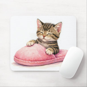 Tabby Kitten Sleeping in a Pink Slipper Mouse Pad