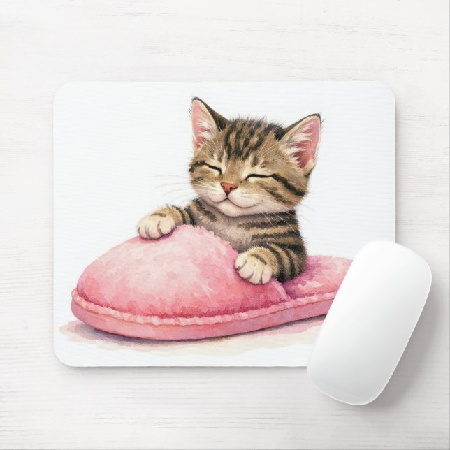 Tabby Kitten Sleeping in a Pink Slipper Mouse Pad (With Mouse)