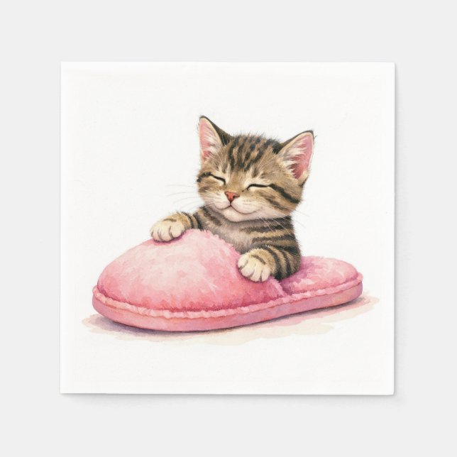 Tabby Kitten Sleeping in a Pink Slipper Napkin (Front)