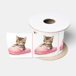 Tabby Kitten Sleeping in a Pink Slipper Satin Ribbon