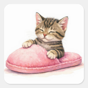 Tabby Kitten Sleeping in a Pink Slipper Square Sticker