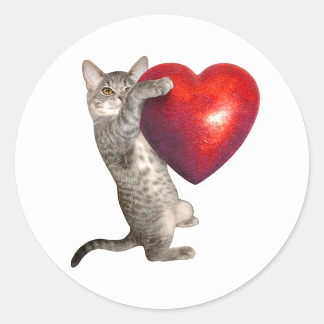 Tabby Kitten with Big Red Heart Sticker (Front)