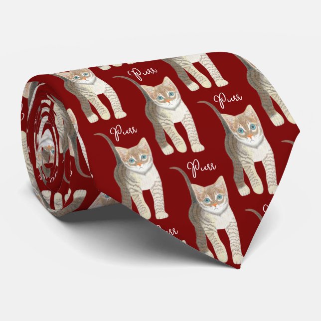 Tabby Kitten With Text Maroon Necktie (Rolled)