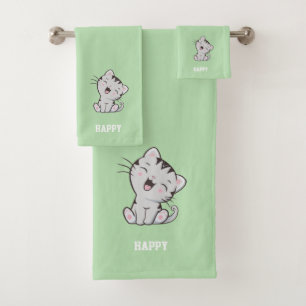 Tabby Kitty Cat & Name Text on Light Green Bath Towel Set