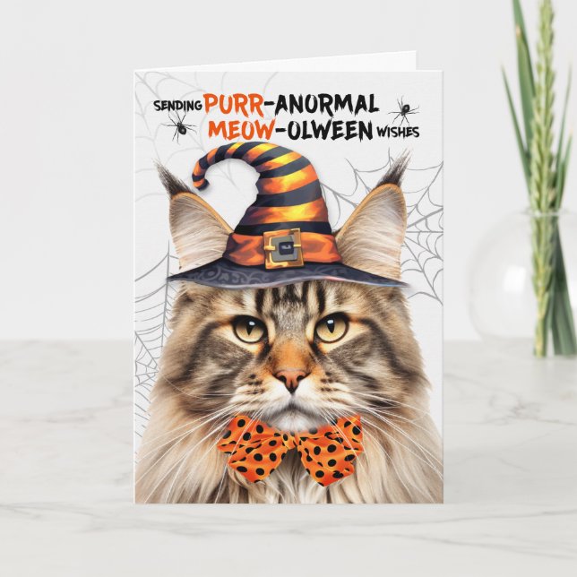 Tabby Maine Coon Cat PURRanormal MEOWolween Holiday Card (Front)