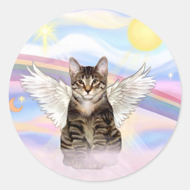 Tabby Tiger Cat Angel in Clouds Classic Round Sticker (Front)