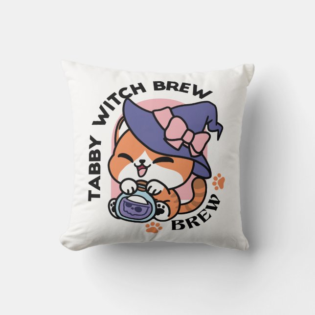 Tabby Witch Brew – Cute Halloween Cat Design Cushion (Front)