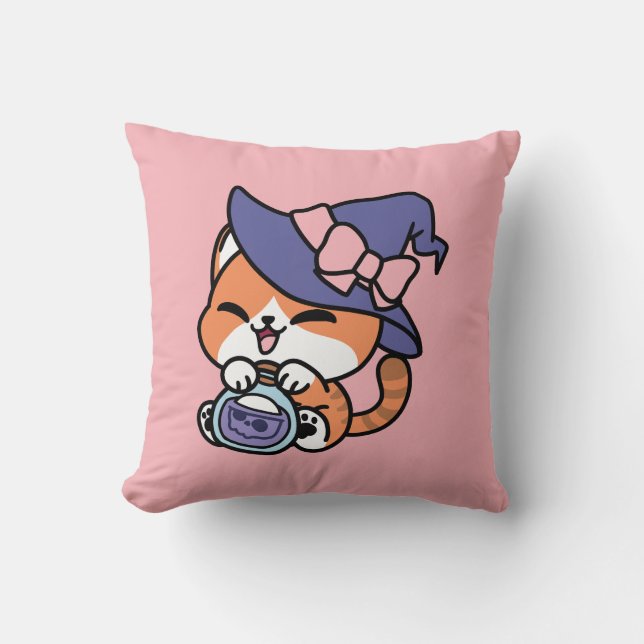 Tabby Witch Brew – Cute Halloween Cat Design Cushion (Front)