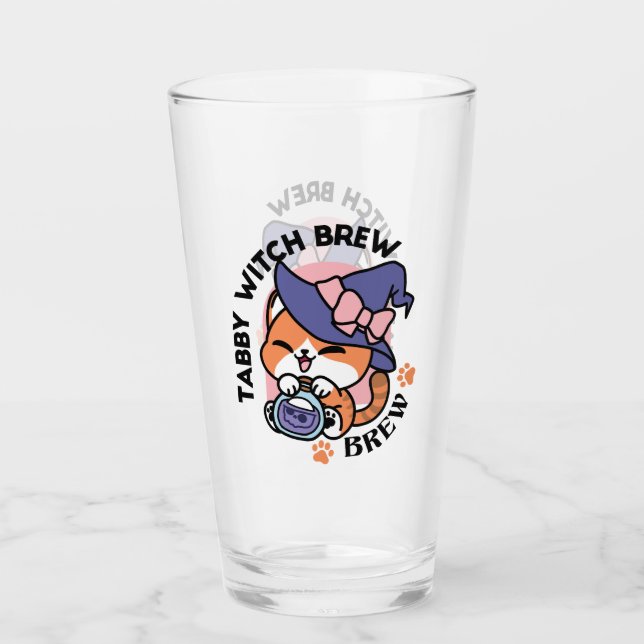 Tabby Witch Brew – Cute Halloween Cat Design Glass (Front)