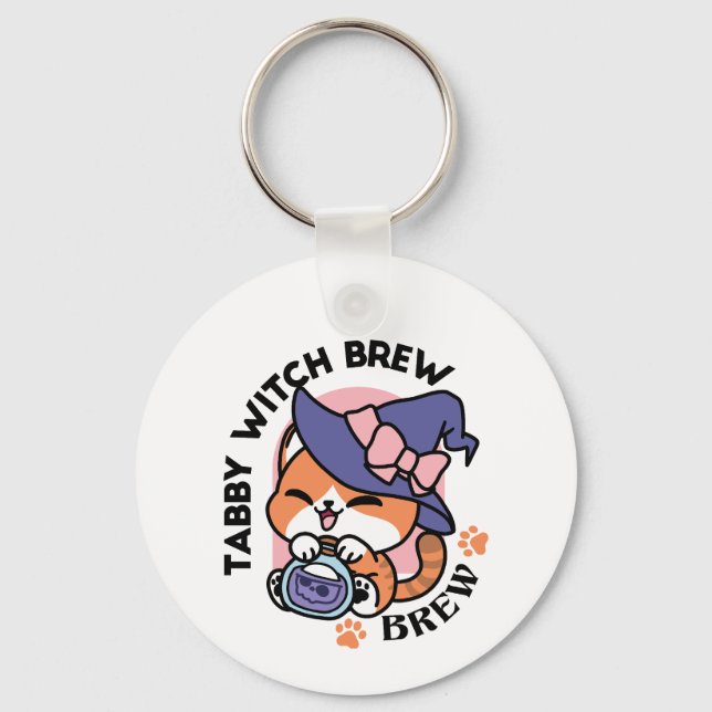 Tabby Witch Brew – Cute Halloween Cat Design Key Ring (Front)