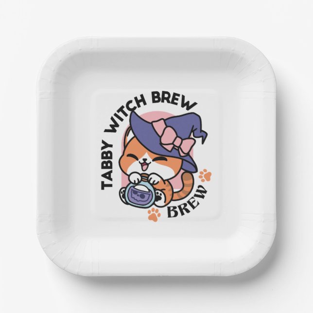 Tabby Witch Brew – Cute Halloween Cat Design Paper Plate (Front)