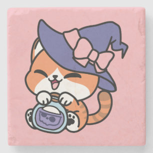 Tabby Witch Brew – Cute Halloween Cat Design Stone Coaster