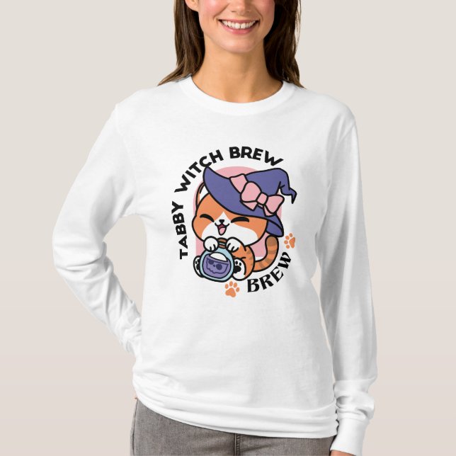 Tabby Witch Brew – Cute Halloween Cat Design T-Shirt (Front)