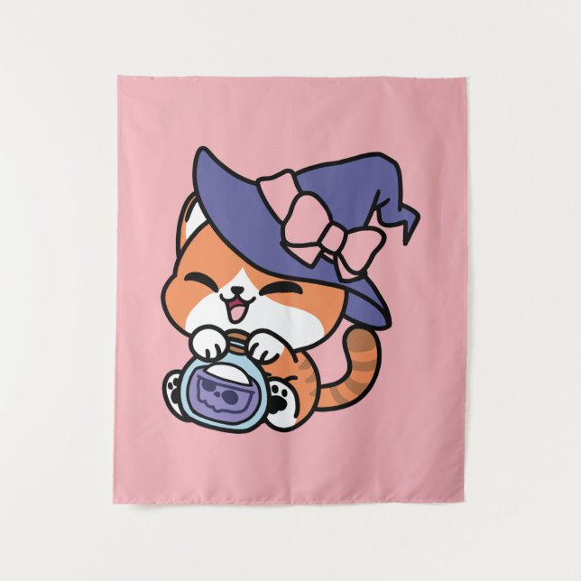 Tabby Witch Brew – Cute Halloween Cat Design Tapestry (Front)