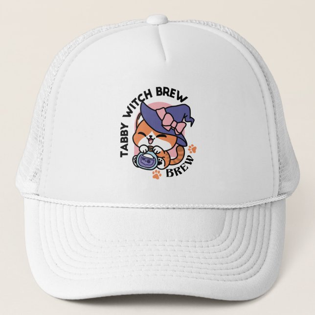 Tabby Witch Brew – Cute Halloween Cat Design Trucker Hat (Front)