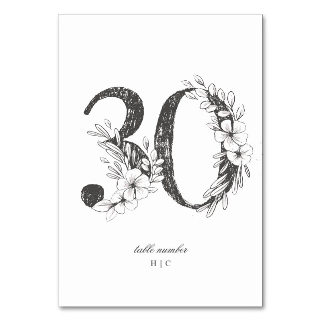 Table 30 Beautiful Floral Sketched Wreath Wedding Table Number (Front)