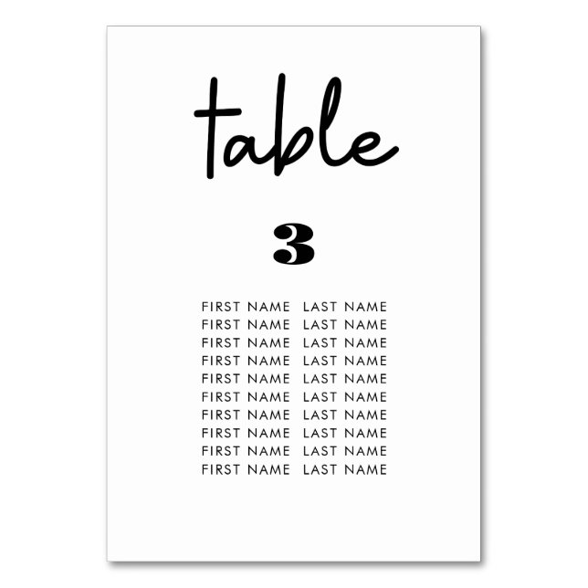 table 3, minimal white wedding seating chart cards (Front)