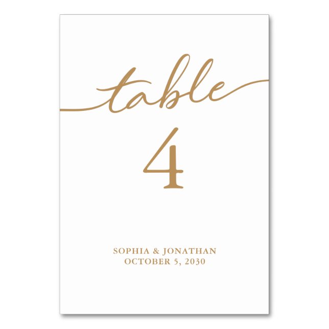 Table 4 Gold Calligraphy Personalised Wedding Table Number (Front)