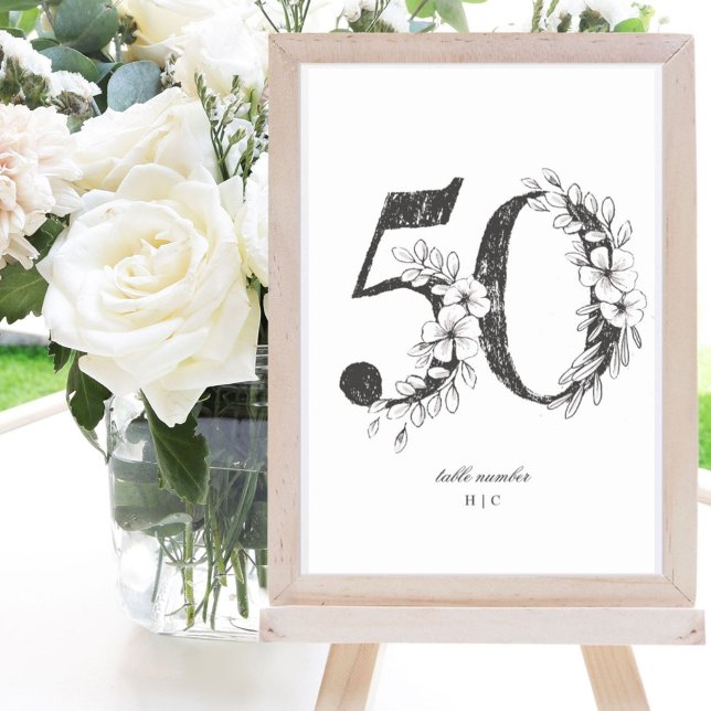 Table 50 Beautiful Floral Sketched Wreath Wedding Table Number (Creator Uploaded)