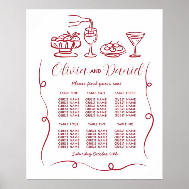 Table 6 Seating Plan Wedding Whimsical Hand Drawn  Poster (Front)