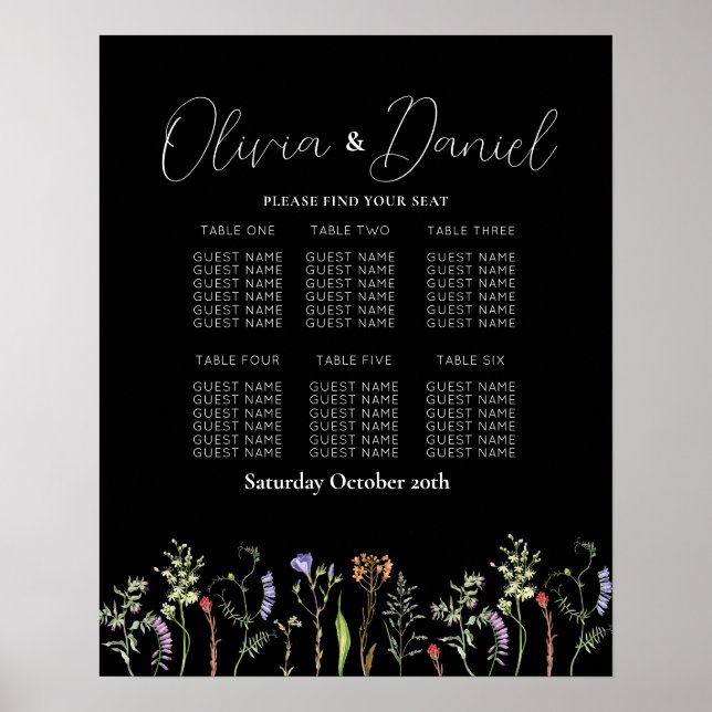 Table 6 Seating Plan Wedding Wildflowers Dark Poster (Front)