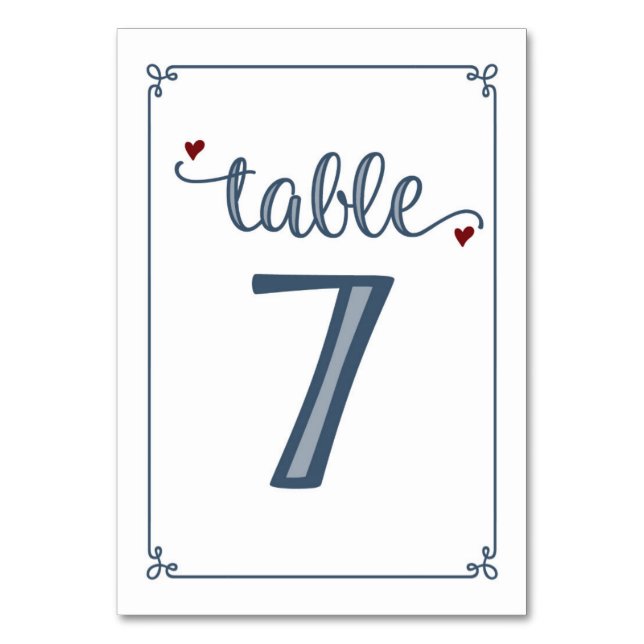 "Table 7" Dusty Blue & Dark Red Table Number (Front)