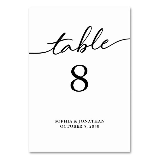 Table 8 Black Calligraphy Personalised Wedding Table Number (Front)