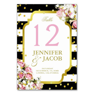 Table Card Stripes, Gold Confetti, Pink Roses