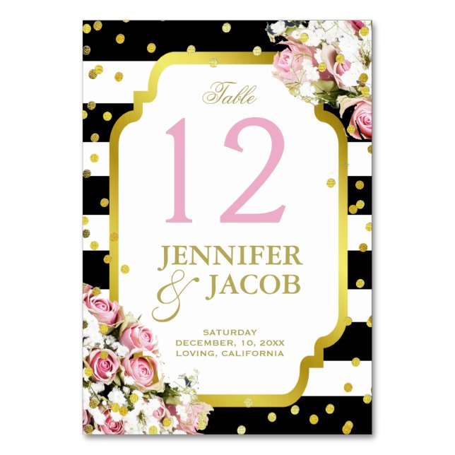 Table Card | Stripes, Gold Confetti, Pink Roses (Front)
