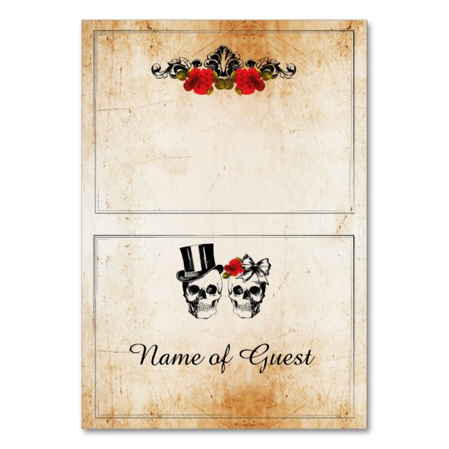 Table Cards Name Of Guest Wedding Skull Roses (Front)