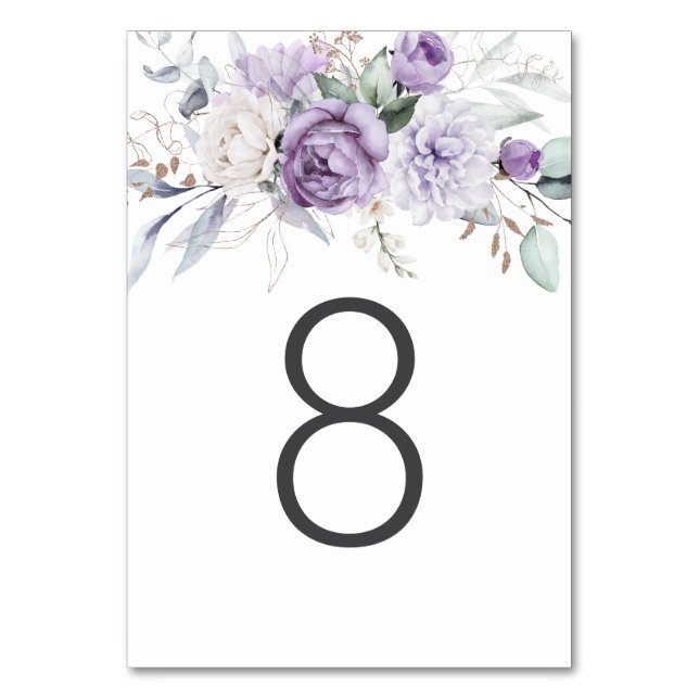 Table Eight Watercolor Purple Floral Wedding Number (Front)