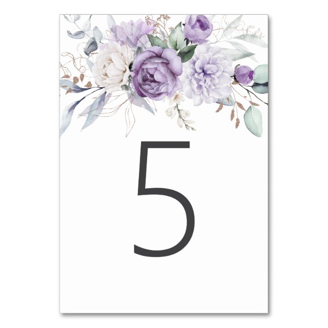 Table Five Watercolor Purple Floral Wedding Number (Front)
