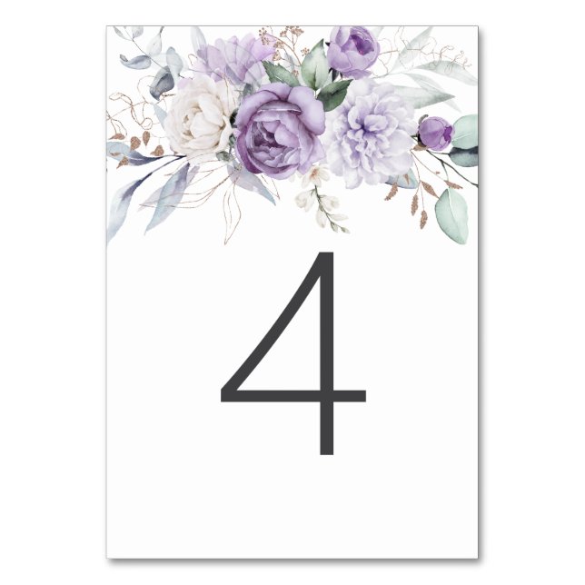 Table Four Watercolor Purple Floral Wedding Number (Front)