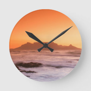 Table Mountain At Sunset, Bloubergstrand Round Clock