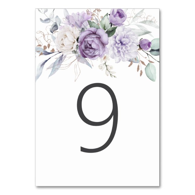 Table Nine Watercolor Purple Floral Wedding Number (Front)
