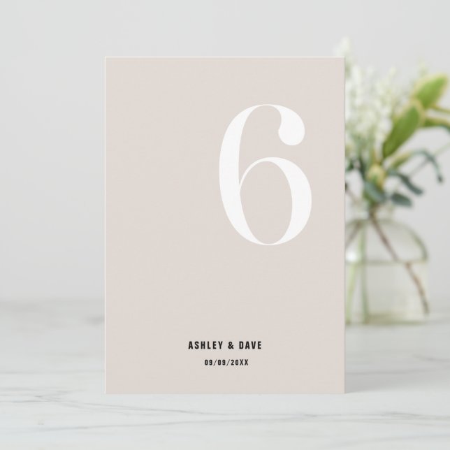 Table Number 6 Bold Beige Wedding Table Number (Standing Front)