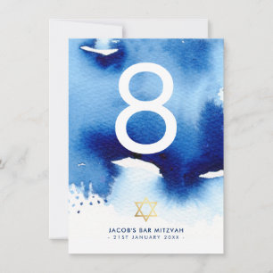 TABLE NUMBER Bar Mitzvah gold star blue watercolor