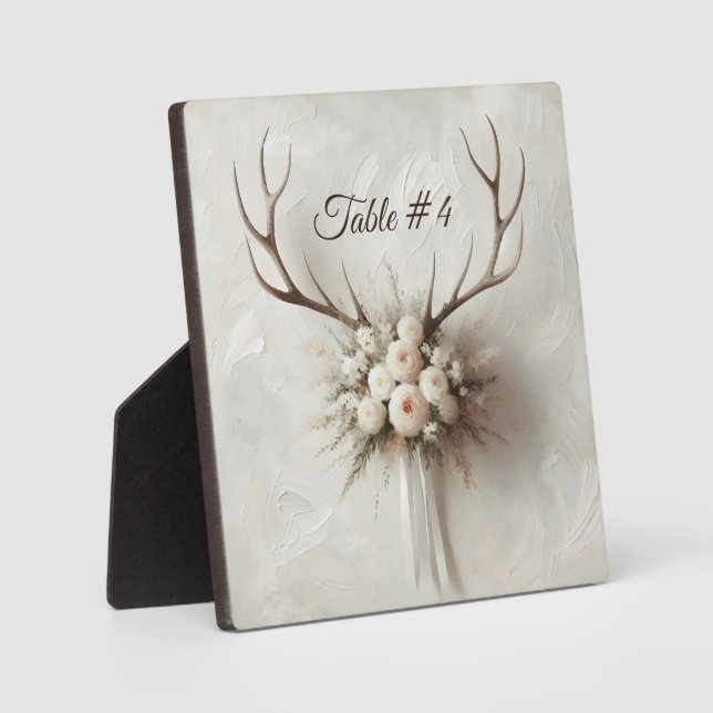 table Number Bridal Bouquet and Deer Antlers Plaque (Front)