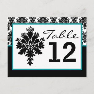 Table Number Card Black Teal Damask Lace Print