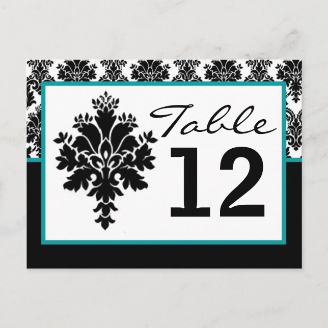 Table Number Card Black Teal Damask Lace Print (Front)