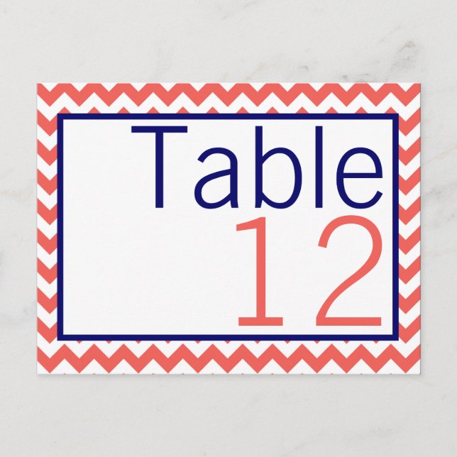 Table Number Card Coral Navy Blue Chevron Name (Front)
