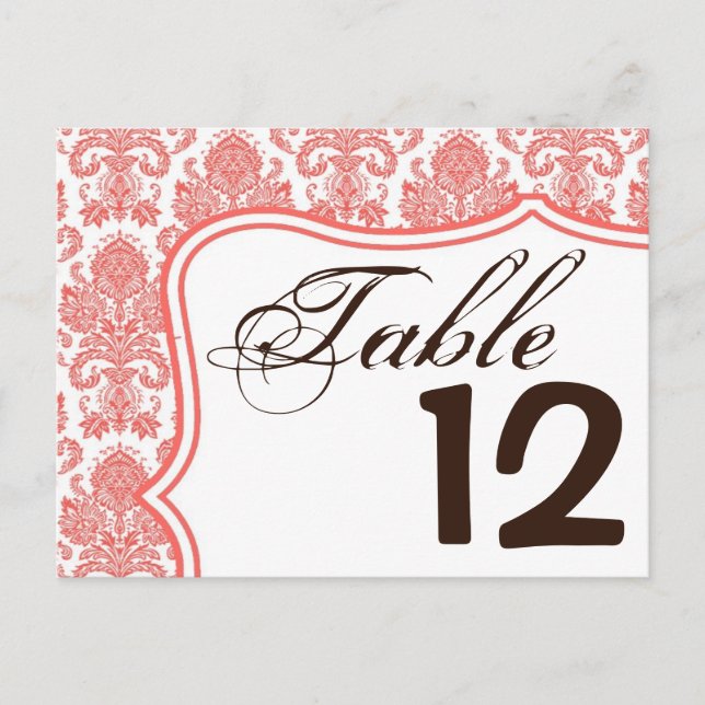 Table Number Card Coral White Damask Lace Print (Front)