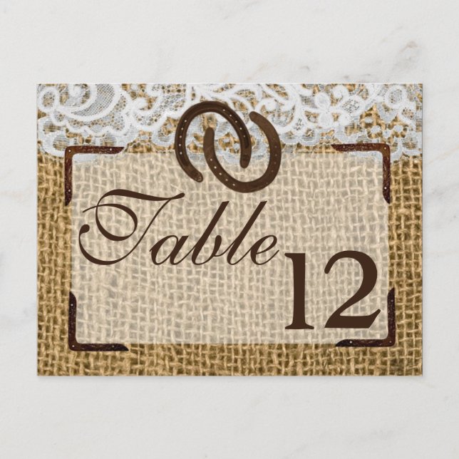Table Number Card Horse Shoes on Burlap Lace Count (Front)