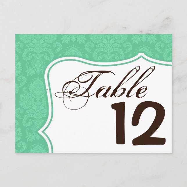 Table Number Card Mint White Damask Lace Print (Front)