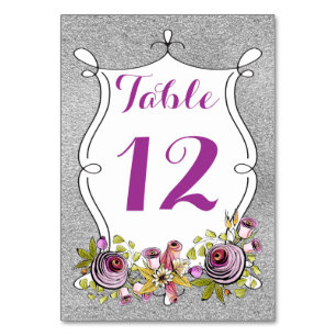 Table Number Card Plum, FAUX Silver Foil Floral