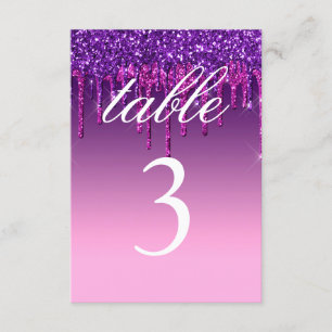 Table Number Card - Purple & Pink Glitter Drip